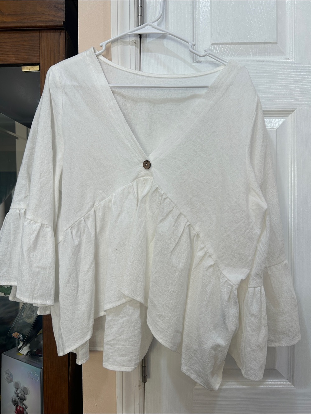 SHEIN White Ruffle V-Neck Button-Front Blouse